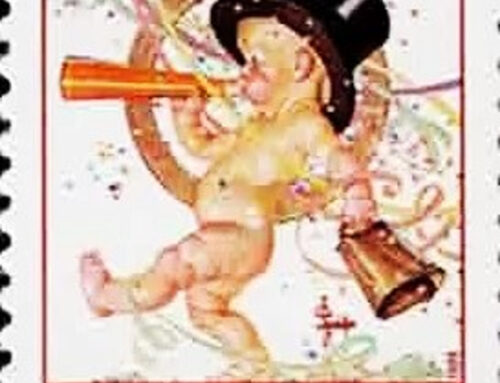 HIS NEW YEAR CHERUB PARTIED HIS WAY ONTO A US STAMP IN 2000!